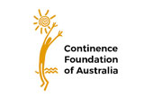 Logo of the Continence Foundation of Australia. It features an abstract yellow figure reaching up towards a stylized sun, with wavy lines representing water next to it. The organization's name is written in black text to the right of the figure. The background is white.