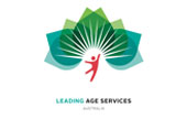 Logo of Leading Age Services Australia featuring a stylized human figure in red with arms and legs spread. The figure is set against a backdrop of green, blue, and dark green layered leaves arranged in an arc. The text 