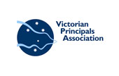 Logo of the Victorian Principals Association. It features a blue circular design with wavy lines and dots representing stars on the left. The organization's name appears in blue text on the right.