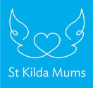 A blue logo featuring the text "St Kilda Mums" below a white outline of a heart flanked by stylized wings, resembling a butterfly.