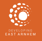 An orange square featuring a stylized white circular logo made up of variously sized dots encircling a solid white central circle. Below the logo, the text reads "DEVELOPING EAST ARNHEM" in white capital letters.