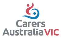 Logo of Carers Australia VIC features an abstract design of two intertwined figures in red and blue above the text "Carers Australia VIC." The words "Carers Australia" are in grey, and "VIC" is in red.