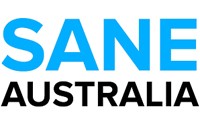 Logo of SANE Australia. The word "SANE" is in bold uppercase blue letters, and the word "AUSTRALIA" is in bold uppercase black letters below it. SANE Australia is a national mental health charity.