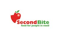 Logo of "SecondBite," featuring a red apple with a bite taken out of it and a green leaf, with the words "SecondBite" in red and green letters below. The tagline beneath reads "food for people in need.