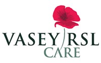 Logo of Vasey RSL Care, featuring the text “VASEY RSL CARE” in capital letters. A red poppy flower is situated above the word “RSL.” The design is simple with a white background.