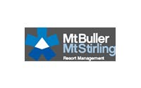 Logo for Mt Buller Mt Stirling Resort Management featuring a blue geometric snowflake design with a white triangular section in the center, alongside the text "Mt Buller Mt Stirling Resort Management" in a mix of white and light blue font on a dark background.