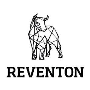 A geometric bull illustration with angular lines stands above the text "REVENTON" in bold, uppercase letters. The bull is depicted in a modern, abstract style using straight lines and sharp angles.