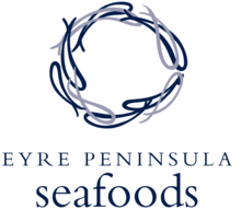 A logo reading "Eyre Peninsula Seafoods" beneath a circular design of intertwining fish shapes colored in dark blue and light gray.