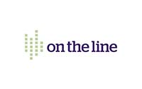 The image shows the logo of "On the Line," consisting of green and yellow pixel dots arranged in a vertical, zigzag pattern next to the text "on the line" written in navy blue.