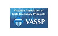 Logo for the Victorian Association of State Secondary Principals (VASSP), featuring white text on a blue background. The acronym "VASSP" is displayed prominently with a stylized architectural symbol to the left.