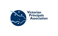 Logo of the Victorian Principals Association, featuring a dark blue circle with light blue curved lines and white dots, representing the Southern Cross constellation, next to the organization's name in blue text.