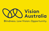 The image showcases the logo for Vision Australia, akin to a public relations agency. It features two intertwined shapes like blue loops on a yellow background, with the text 