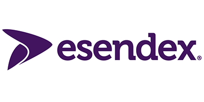 The image displays the Esendex logo, consisting of a stylized purple triangular icon to the left of the text "esendex" written in lowercase, also in purple.