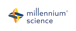 Logo of Millennium Science. The logo features an abstract design with intertwined, curved shapes in yellow, orange, and dark blue on the left, with the words "millennium science" in lowercase blue letters to the right.