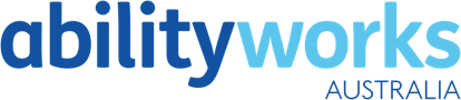 Logo of "Ability Works Australia" featuring the organization's name. "ability" is in dark blue, transitioning to light blue for "works," with "AUSTRALIA" in smaller uppercase text below, also in dark blue.