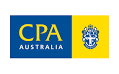 Logo of CPA Australia. The design includes a blue rectangle on the left with the text "CPA Australia" in yellow, and a yellow rectangle on the right featuring a blue heraldic emblem. The overall appearance is clean and professional.