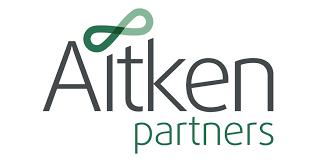 The image shows the logo for Aitken Partners. The text "Aitken" appears in bold gray letters, with a green infinity loop above it. The word "partners" is in smaller, green lowercase letters beneath "Aitken".