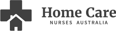 Logo for "Home Care Nurses Australia" with a large cross symbol and a house icon within it on the left, followed by the text "Home Care" in larger font and "Nurses Australia" in smaller font underneath. The entire logo is in black and white.