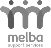 The logo features three stylized human figures with uplifted arms in shades of gray, forming an arch shape. Below this, the text reads "melba" in lowercase letters with "support services" written underneath in smaller font.