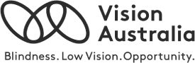 The image shows the logo of Vision Australia, an organization dedicated to helping people with blindness and low vision. The logo consists of abstract intertwining shapes next to the text "Vision Australia" and the tagline "Blindness. Low Vision. Opportunity.