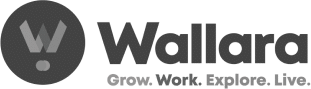 Logo of Wallara features a stylized 'W' icon inside a solid circle to the left of the text "Wallara." Below "Wallara," the tagline reads "Grow. Work. Explore. Live." All text and graphics are in a monochromatic color scheme.