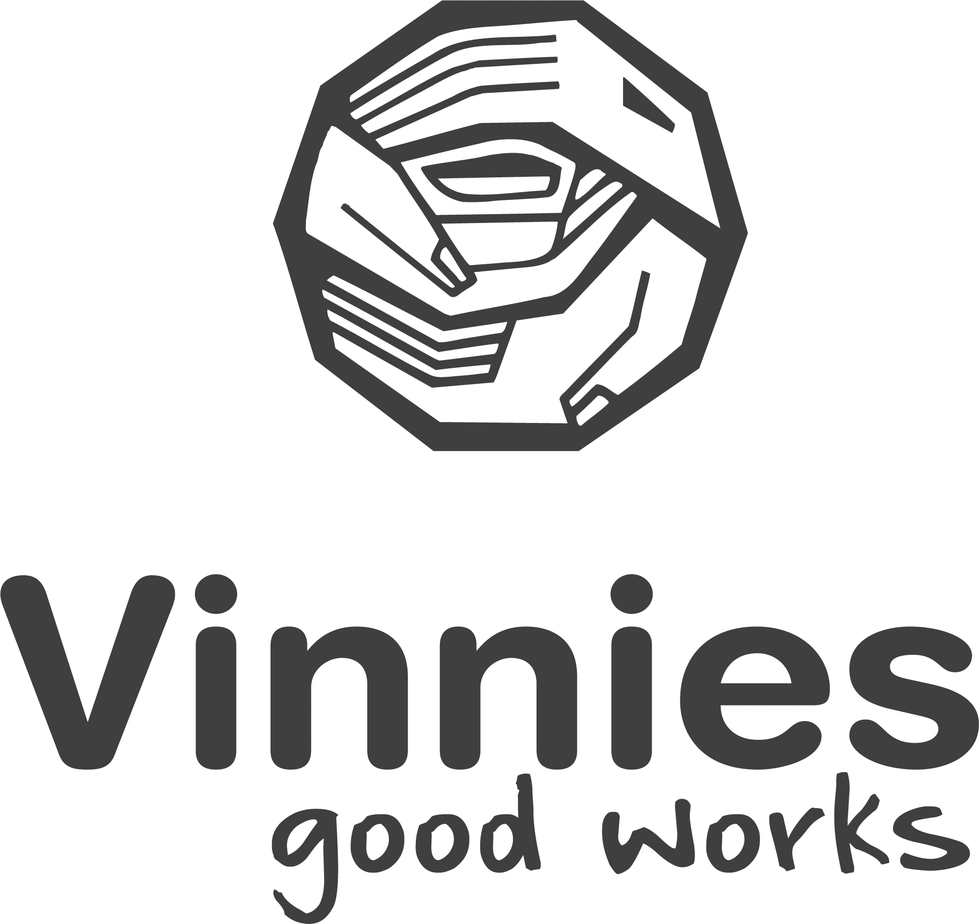 Logo with interlocking hands forming a circle above the text "Vinnies good works.